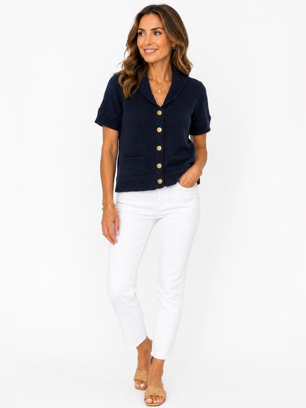 Lauren Jeans Company Ralph Lauren Navy Short Sleeve Cotton Cardigan Sweater XS